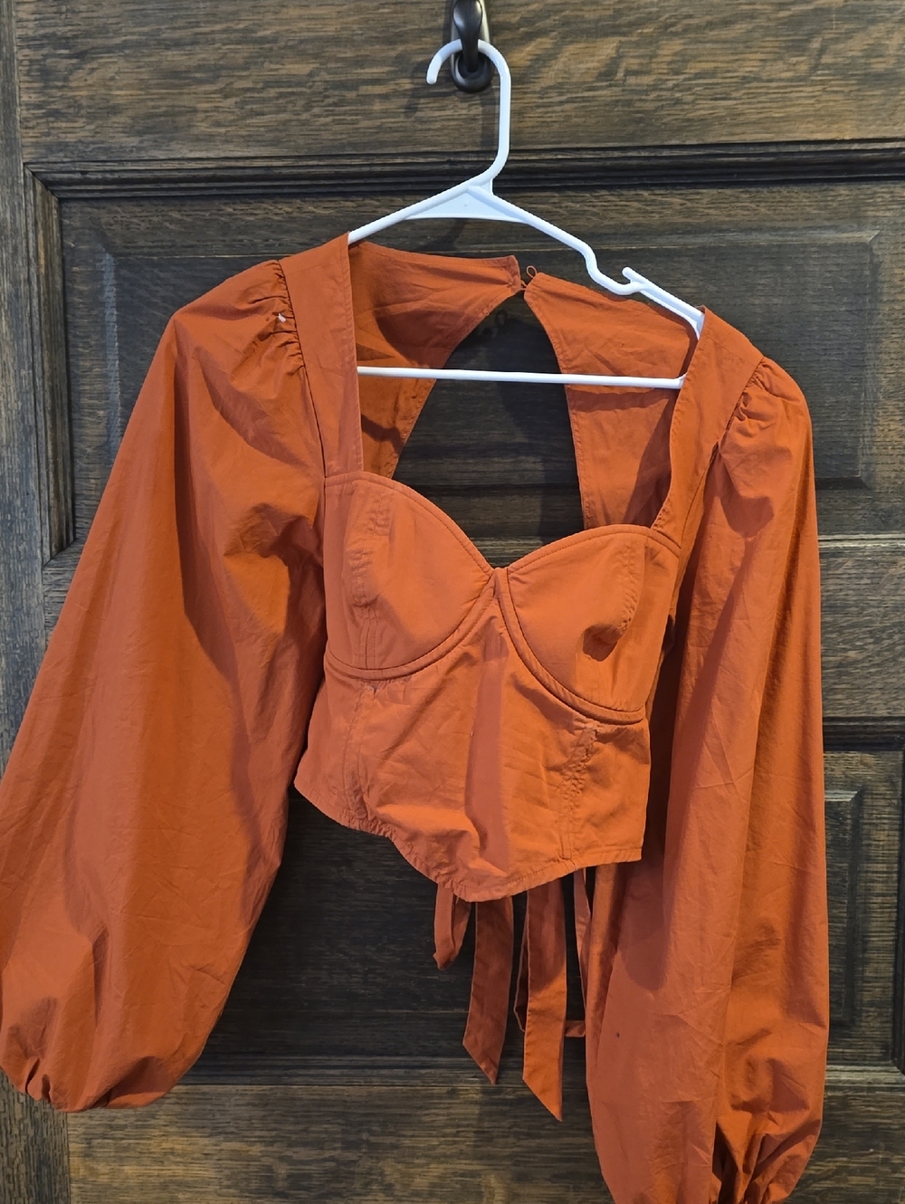 Rust Orange Puff-Sleeve Corset Crop Top with Tie-Back